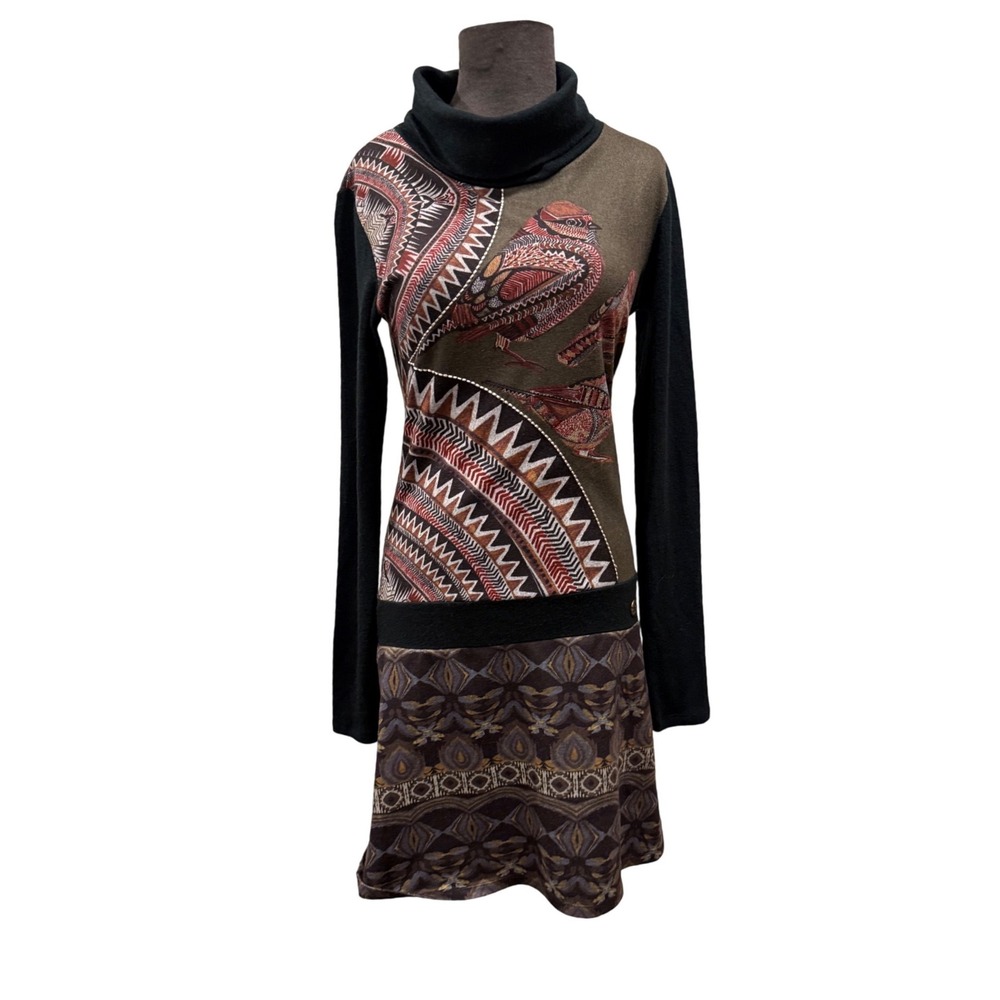 Mismash Women Bird Tribal Print Cowl Neck Long‎ Sleeve Knit Drop Waist Dress S